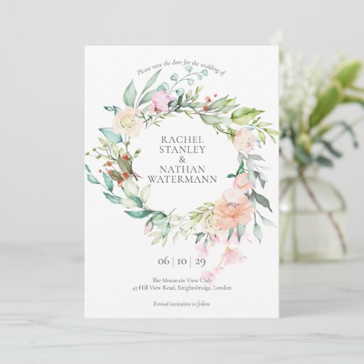 Wilde Rose Wasserfarben Garland Save the Date Kart Einladung (Stehend Vorderseite)