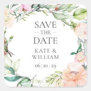 Wilde Rosen-Aquarell-Garlande Save-the-Date-Gesche Quadratischer Aufkleber