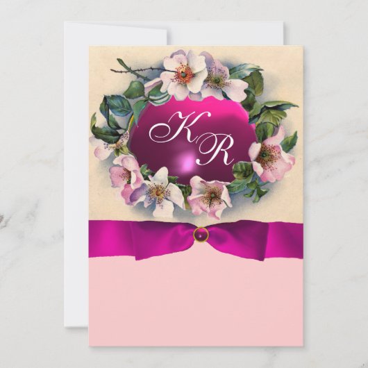 WILDE ROSEN MIT ROSA SCHLEIFE, MONOGRAMM EINLADUNG (Vorderseite)