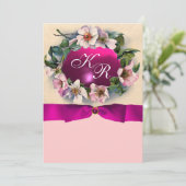 WILDE ROSEN MIT ROSA SCHLEIFE, MONOGRAMM EINLADUNG (Stehend Vorderseite)