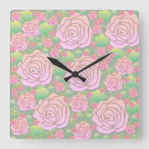 Wilde Rosen Quadratische Wanduhr