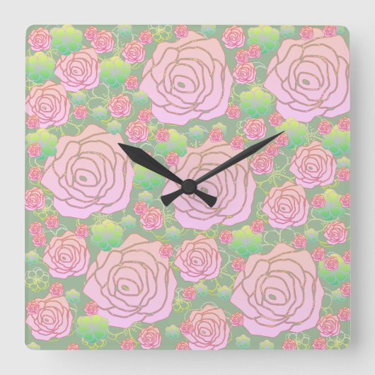 Wilde Rosen Quadratische Wanduhr (Vorderseite)