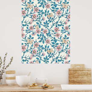 Wilde Rosen und Schmetterlinge /rosa/blau/weiß Poster