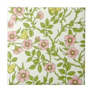 Wilde Rosen und Schmetterlinge /rosa/hellgrün/gelb Fliese