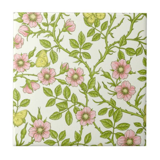Wilde Rosen und Schmetterlinge /rosa/hellgrün/gelb Fliese (Vorderseite)