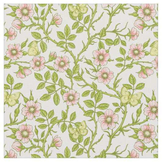 Wilde Rosen und Schmetterlinge /rosa/hellgrün/gelb Stoff (Nahaufnahme)