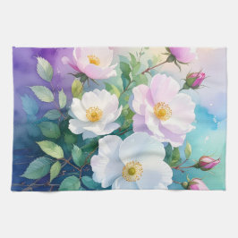 Wilde Rosen Weiß Rosa Blau Türkis Lila Aquarelle Geschirrtuch