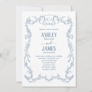 Wilde Rosenranke Blaue Monogramm-Wappen-Hochzeit Einladung