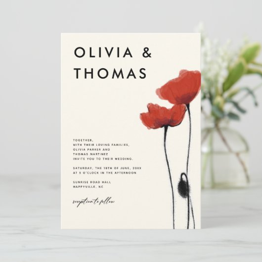 Wilde Rote Popper Moderne Rustikale Hochzeit Einladung (Stehend Vorderseite)