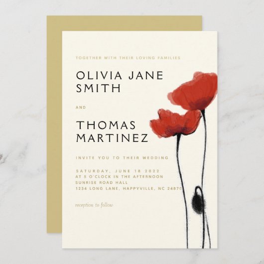Wilde rote Poppies Gold Ecru Rustikale Hochzeit Einladung (Vorne/Hinten)