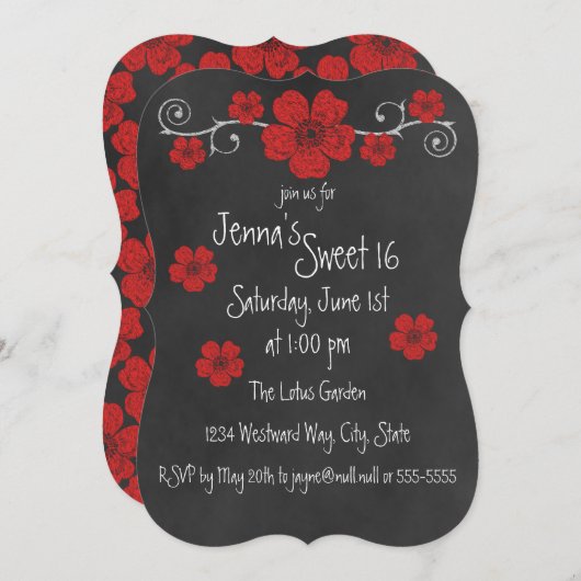 Wilde Rote Rosen Chalkboard Party Einladung (Vorne/Hinten)