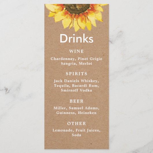 Wilde rustikale Sonnenblume. Einfache Hochzeitsfei Menükarte (Vorderseite)