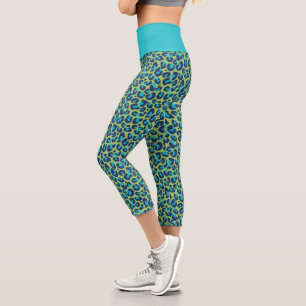 Wilde Safari Grüne und Aquamarine Leopardendrucke Capri Leggings