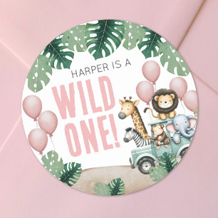 Wilde Safari Pink zum 1. Geburtstag Runder Aufkleber