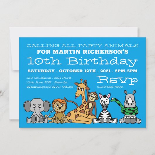 Wilde Safari-Tiere, Kinderpartys Einladung (Vorderseite)