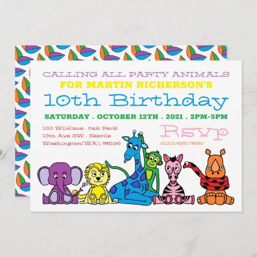 Wilde Safari-Tiere, Kinderpartys Einladung (Vorne/Hinten)