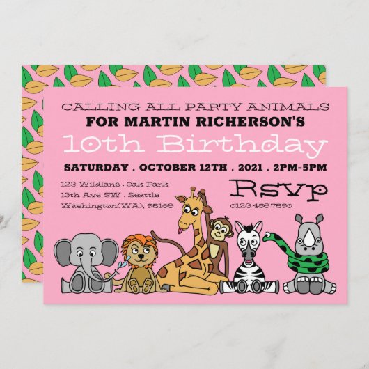 Wilde Safari-Tiere, Kinderpartys Einladung (Vorne/Hinten)