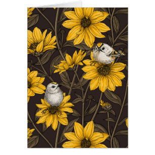 Wilde Sonnenblumen und goldfarbene Vögel/gelb