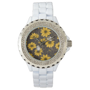 Wilde Sonnenblumen und goldfarbene Vögel/gelb Armbanduhr