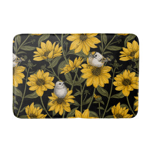 Wilde Sonnenblumen und goldfarbene Vögel/gelb Badematte