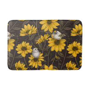 Wilde Sonnenblumen und goldfarbene Vögel/gelb Badematte