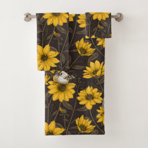 Wilde Sonnenblumen und goldfarbene Vögel/gelb Badhandtuch Set