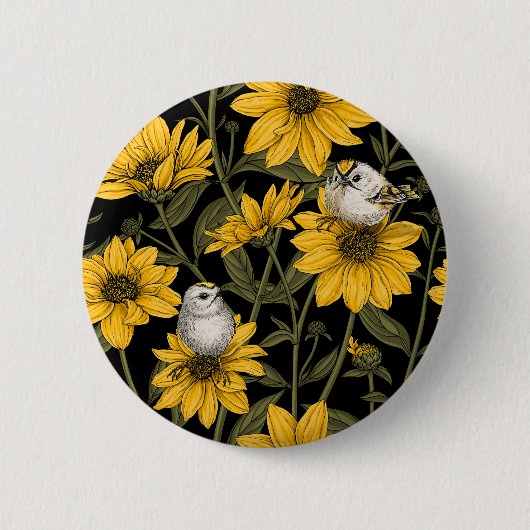 Wilde Sonnenblumen und goldfarbene Vögel/gelb Button (Vorderseite)