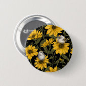 Wilde Sonnenblumen und goldfarbene Vögel/gelb Button (Vorne & Hinten)