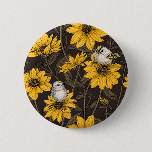 Wilde Sonnenblumen und goldfarbene Vögel/gelb Button (Vorderseite)