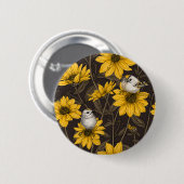 Wilde Sonnenblumen und goldfarbene Vögel/gelb Button (Vorne & Hinten)