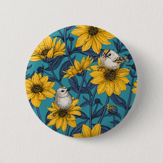 Wilde Sonnenblumen und goldfarbene Vögel/gelb Button (Vorderseite)