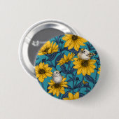 Wilde Sonnenblumen und goldfarbene Vögel/gelb Button (Vorne & Hinten)