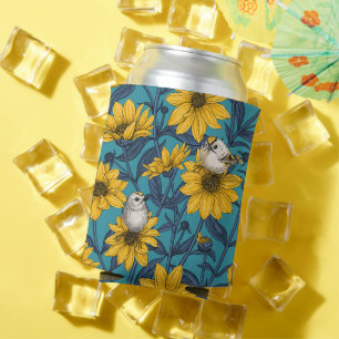 Wilde Sonnenblumen und goldfarbene Vögel/gelb Dosenkühler