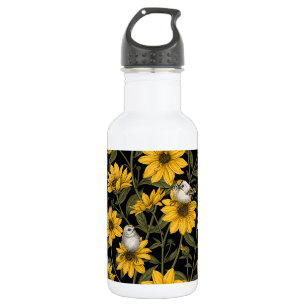 Wilde Sonnenblumen und goldfarbene Vögel/gelb Edelstahlflasche