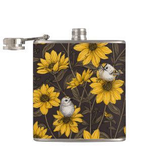 Wilde Sonnenblumen und goldfarbene Vögel/gelb Flachmann