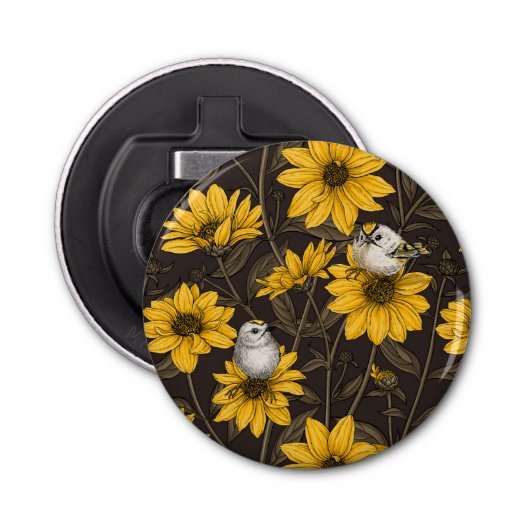 Wilde Sonnenblumen und goldfarbene Vögel/gelb Flaschenöffner (Vorderseite)