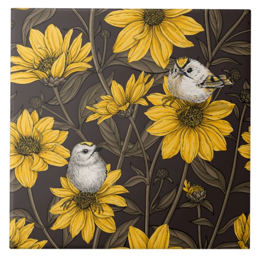 Wilde Sonnenblumen und goldfarbene Vögel/gelb Fliese (Vorderseite)