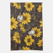 Wilde Sonnenblumen und goldfarbene Vögel/gelb Geschirrtuch (Vertikal)