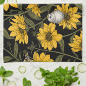 Wilde Sonnenblumen und goldfarbene Vögel/gelb Geschirrtuch (Gefaltet)