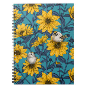 Wilde Sonnenblumen und goldfarbene Vögel/gelb Notizblock