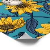 Wilde Sonnenblumen und goldfarbene Vögel/gelb Poster (Ecke)