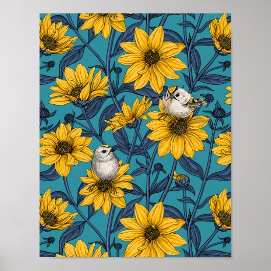 Wilde Sonnenblumen und goldfarbene Vögel/gelb Poster (Vorne)