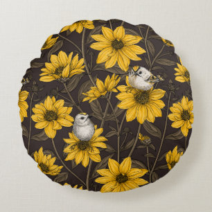 Wilde Sonnenblumen und goldfarbene Vögel/gelb Rundes Kissen