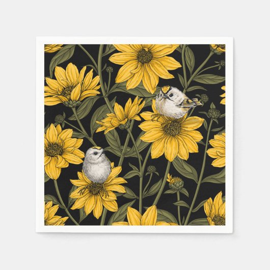 Wilde Sonnenblumen und goldfarbene Vögel/gelb Serviette (Vorderseite)