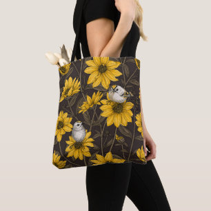 Wilde Sonnenblumen und goldfarbene Vögel/gelb Tasche