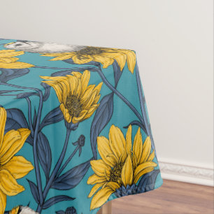 Wilde Sonnenblumen und goldfarbene Vögel/gelb Tischdecke