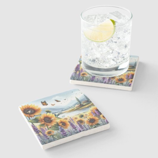 Wilde Sonnenblumen und Lavender Steinuntersetzer (Seitenansicht)