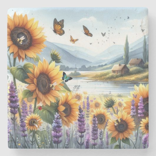 Wilde Sonnenblumen und Lavender Steinuntersetzer (Vorderseite)