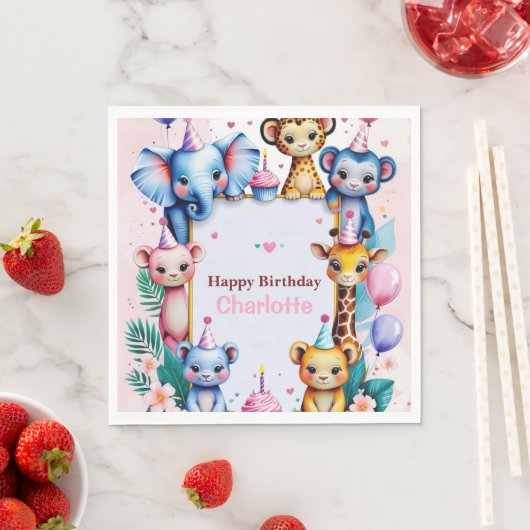 Wilde süße Tiere Ballon Mädchen Geburtstag Serviette (Beispiel)
