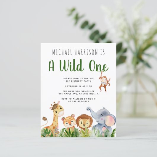 Wilde Tiere 1. Geburtstag Party Einladung (Stehend Vorderseite)